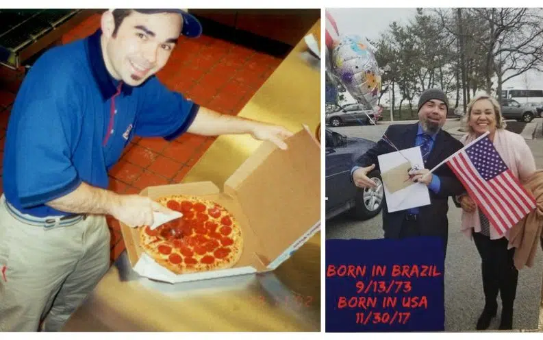 Collage featuring Roger Magalhaes, window treatment installer, packaging a pizza and holding a USA flag with Ana Magalhaes.
